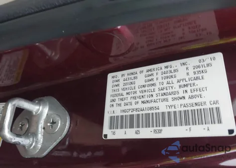 2010 Honda Accord 2.4 Ex-L from USA, damaged, VIN 1HGCP2F82AA108554